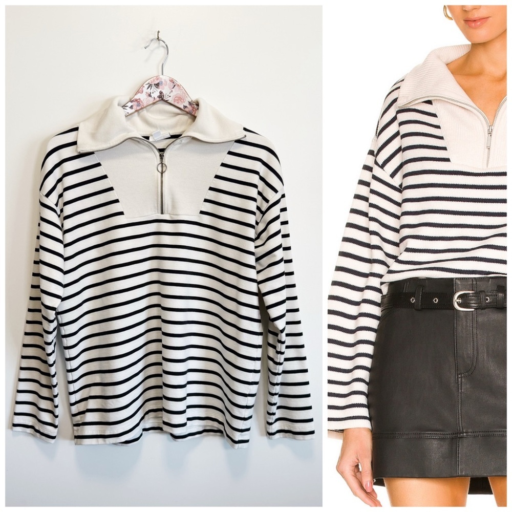 J. JILL Black Ivory Striped Half Zip Spreading Collar Long Sleeve Top Small Tall
